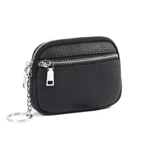Genuine black pebble leather mini wallet with double zippers and metal keychain ring