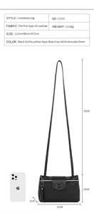 Size chart showing leather crossbody bag dimensions with scale comparison to a phone