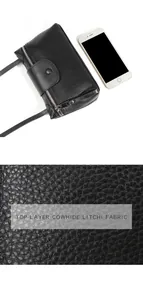 Macro view of black litchi grain cowhide leather and phone comparison for bag size
