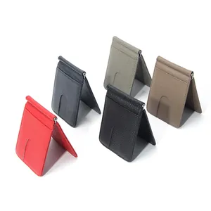 Slim Genuine Cowhide Leather Money Clip Wallet For Men Multi Card Slot Litchi Texture Minimalist Short Folded Card Holder