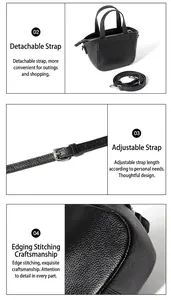 Detalles de la correa ajustable y las costuras de este bolso negro de piel granulada
