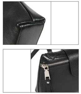 Close-up of black lychee grain leather texture and silver zipper detail on crossbody bag