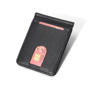 Slim black pebble leather wallet with cash clip and transparent ID window