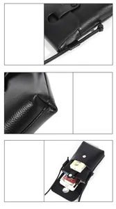 Detailopname van zwart lederen telefoontasje met magneetsluiting en ruim binnenvak