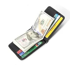 Men's black litchi pattern leather wallet with metal money clip and multi-card slots