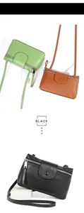 Detailed view of genuine leather crossbody bags in green, brown and black with litchi texture