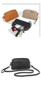 Close-up of quilted leather crossbody bag with double zipper and organized interior storage