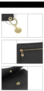 Détails de portefeuille en cuir noir avec fermeture éclair coeur dorée et bouton