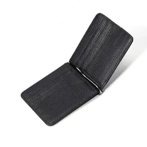 Slim bifold black pebbled leather wallet with silver money clip and multiple card slots