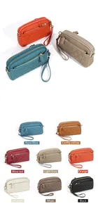 Detail view of multi-layer quilted leather crossbody bags with three zipper compartments