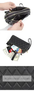 Detail of top layer cowhide crossbody bag showing multiple zipper compartments and capacity