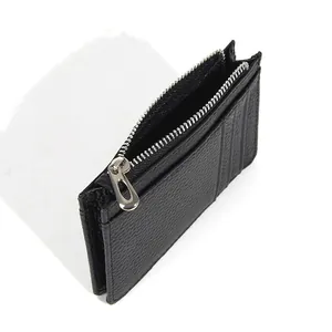 Black lychee pattern leather card holder with silver zipper and multiple slots