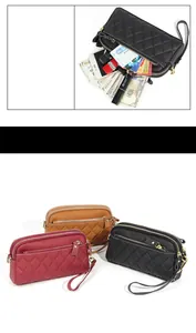 Close-up of three-layer quilted leather crossbody bag in red, brown, and black colors