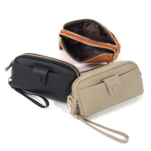 Women Cowhide Leather Long Wallet Litchi Grain Phone Bag Multi Zipper Front Snap Pocket Wrist Strap Metal Chain Handbag