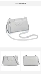 Detailed three-view shots of grey white leather crossbody bag with lychee texture