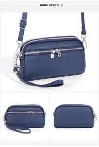 Dettaglio borsa a tracolla in pelle blu scuro con tre scomparti con cerniera lampo