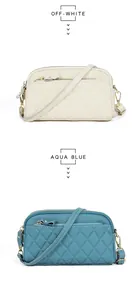 Detail of quilted leather crossbody bags in off-white and aqua blue with gold hardware