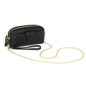 Women's genuine leather long wallet with double zippers and golden chain strap