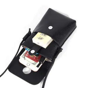 Zwarte echt lederen crossbody telefoontas met litchi-patroon en zilveren gesp