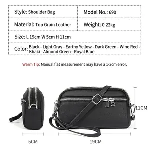 Guida alle taglie per borsa a tracolla in vera pelle con dimensioni e tripla cerniera