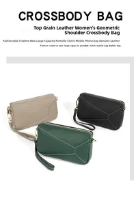 Detailed view of genuine leather crossbody bags with geometric panels and litchi texture