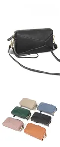 Detailed grid of geometric leather crossbody bags in six assorted fashion colors