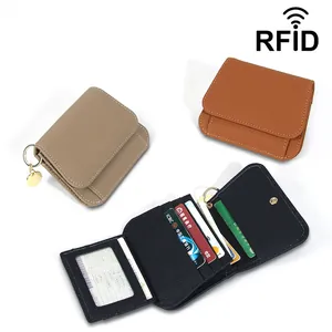 Portefeuille pour Femme en Cuir Véritable Protection RFID Cuir de Vachette Texture Litchi Porte Cartes Court Avec Porte Clés Anneau