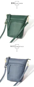 Details der Leder-Beuteltaschen in Dunkelgrün und Denim-Blau mit weißen Kontrastnähten