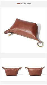Vues détaillées d'un mini porte-monnaie en cuir tanné végétal marron doré avec fermeture éclair