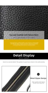 Detail of lychee pattern leather and high-gloss metal zipper on genuine leather bag