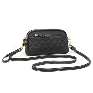 Women Genuine Leather Crossbody Bag Diamond Quilted First Layer Cowhide Multi-Layer Zipper Shoulder Bag Fashion Small Square Bag