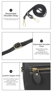 Detail of black lychee grain leather bag with adjustable strap and golden metal hardware