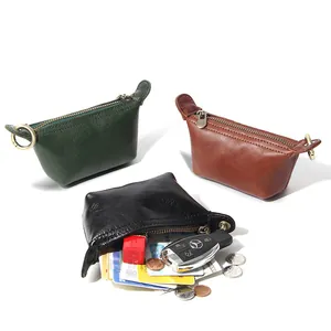 Petit Porte-Monnaie Vintage en Cuir de Vachette Première Couche Fait à la Main Pendentif Mini Portefeuille Zippé Sac de Rangement Clés