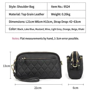 Quilted genuine cowhide leather crossbody bag with adjustable strap and gold zippers