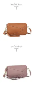 Detail view of leather crossbody bag in yellowish brown and lotus root purple colors