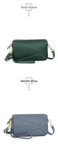 Detailed view of lychee leather texture on dark green and denim blue puzzle bags