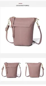 Detailansicht der lotuslila Leder-Beuteltasche mit weißen Kontrastnähten und Finish