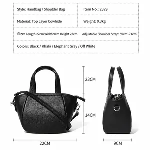 Bolso premium de cuero negro con correa ajustable y tabla de tallas detallada
