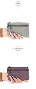 Detail of hand-woven sheepskin coin purses with dual zippers and key rings in gray and taro purple
