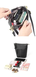 Detailsicht der schwarzen Leder-Beuteltasche mit Goldbeschlägen und geräumigem Innenraum