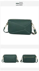 Detail of dark green leather crossbody bag featuring geometric stitching and gold zippers