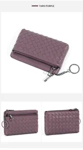 Macro shot of taro purple woven sheepskin coin purse with dual zippers and key ring