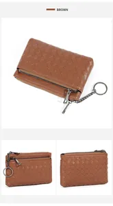 Detailed views of brown hand-woven sheepskin coin purse with zipper and metal keychain