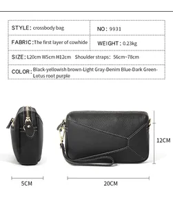 Size chart showing first layer cowhide crossbody bag dimensions and strap length
