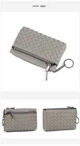 Macro view of gray hand-woven leather coin purse with metal zipper and key ring detail