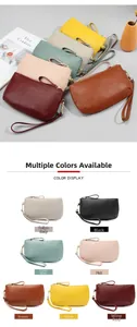 Detailed color display of seven lychee pattern genuine leather clutch bags with wristlet