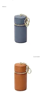 Détails de pochettes à clés cylindriques en cuir véritable avec fermetures éclair dorées