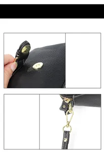 Makro-Detail der schwarzen Lederhandtasche mit goldener Magnetschließe und Reißverschluss