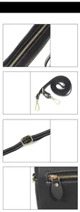 Detailed views of leather grain, gold zippers, and adjustable strap on a crossbody bag