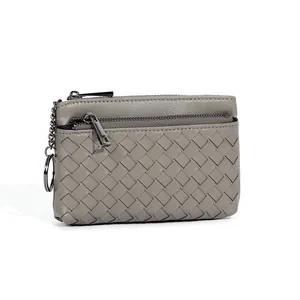Woven Sheepskin Genuine Leather Coin Purse Women Small Wallet With Key Ring Double Zipper Mini Pouch Card Holder Bag